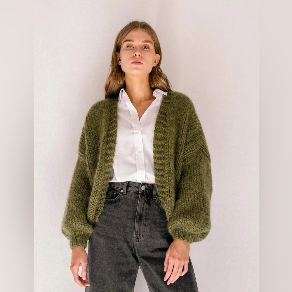 Plexida handmade Mohair bomber cardigan in moss